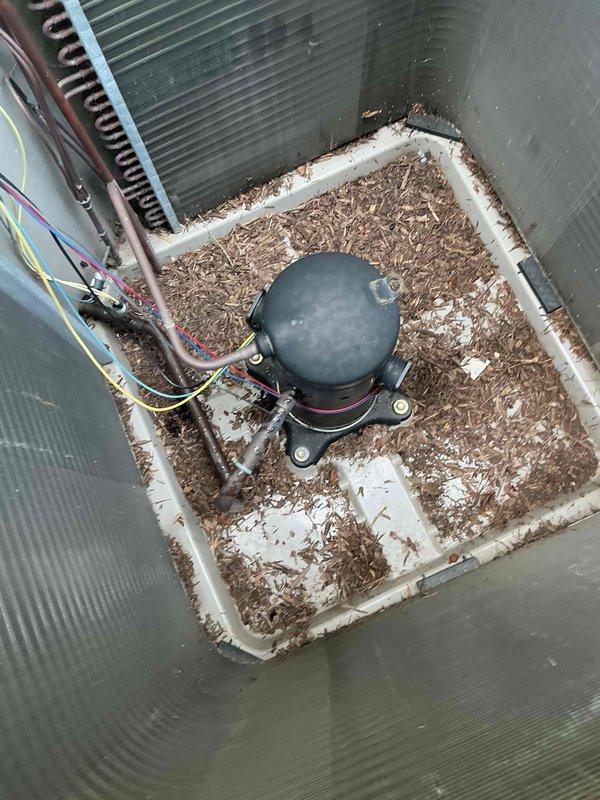 Completed comprehensive BFMA air conditioning tune-up on 15-year-old system, including full inspection of outdoor condensing unit and indoor air handling components. Removed organic debris (mulch and wood chips) that had accumulated in outdoor unit base pan and around compressor assembly, verified refrigerant line connections, and inspected heat exchanger coil for proper operation. Replaced dirty air filters showing significant dust and debris accumulation with new units to restore proper airflow and system efficiency.