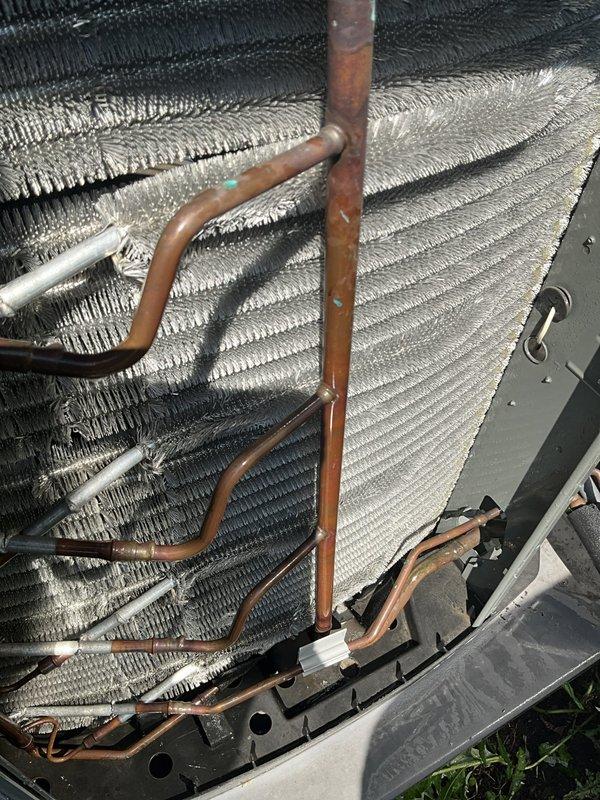 Completed comprehensive BFMA tune-up service on 4-year-old residential air conditioning system. Performed full preventive maintenance inspection of outdoor condenser unit, including examination of heat exchanger coils, copper refrigerant lines, and electrical connections. Unit showed normal wear consistent with age and outdoor exposure; all components found operating within manufacturer specifications and system ready for continued service.