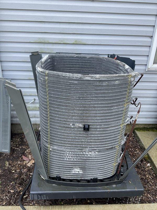 Completed comprehensive BFMA tune-up on 5-year-old Trane air conditioning system. Performed full system inspection, cleaned heavily soiled condenser coil with significant dust and debris accumulation, changed air filters, checked refrigerant levels and electrical connections, and verified proper system operation. Unit is now operating efficiently with improved airflow and heat transfer capability.