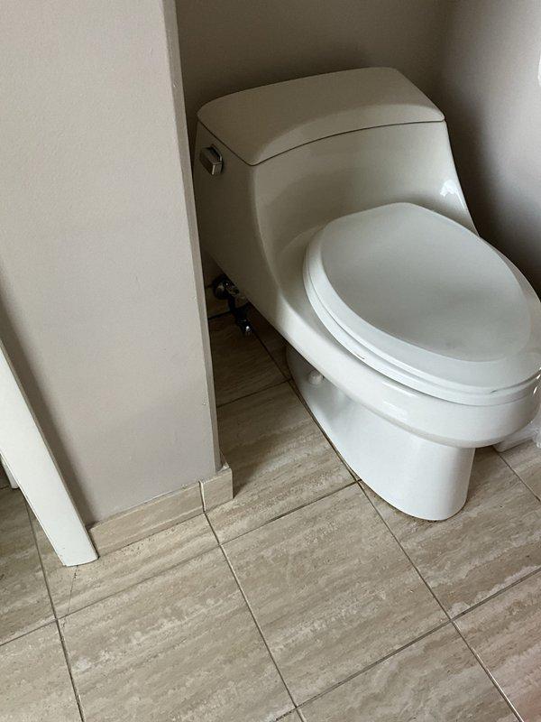 Completed full toilet rebuild on modern one-piece unit installed in corner bathroom alcove. Isolated water supply, drained tank and bowl, then removed and disposed of existing fill valve, flush valve piston, flush ring, and chrome supply line. Installed new fill valve assembly, flush valve components including piston and flush ring, and new chrome supply line with proper connections to shut-off valve. Restored water supply, refilled tank, adjusted fill level, and performed operational testing to verify proper flush function, tank refill cycle, and confirm no leaks at supply line connections or internal valve seals.