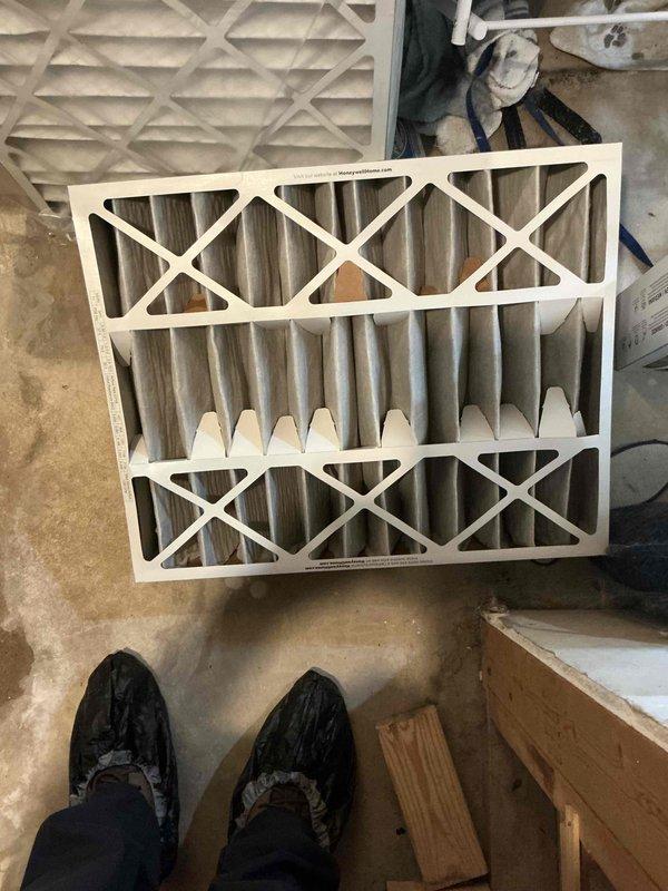 Completed comprehensive BFMA tune-up service on 10-year-old HVAC system, including full AC maintenance inspection and semi-annual filter replacement. Replaced soiled 20x25x5 pleated air filter with new unit to restore proper airflow and system efficiency. Inspected electrical connections, contactor assembly, and wiring terminals to ensure safe operation and proper voltage delivery to all system components.