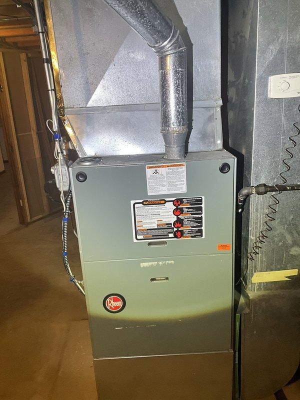 Responded to no cooling complaint with thermostat reading 83 degrees. Performed diagnostic evaluation of Rheem HVAC system including indoor furnace unit and outdoor condenser. System was found to be off at time of arrival; scheduled follow-up appointment to complete full assessment and necessary repairs when occupant would be available.