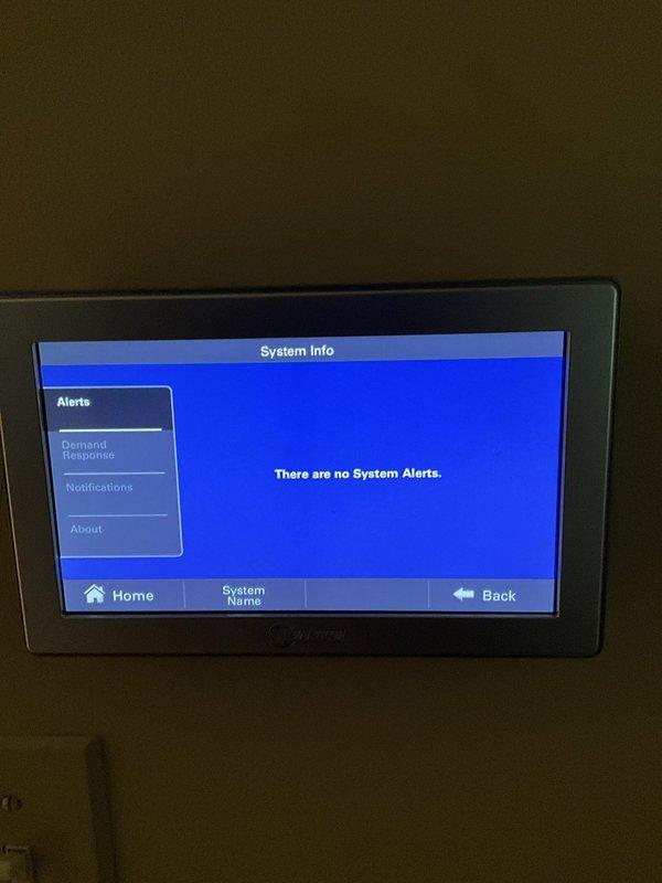 Responded to service call for intermittent system failure that had self-resolved. Performed comprehensive system diagnostics and inspection of control panel, wiring connections, and thermostat interface. Verified all electrical connections at terminal blocks were secure with no signs of loose wiring or heat damage. Checked system control board functionality and reviewed system alerts through digital interface—no active fault codes or system alerts present. Inspected wire bundles and heat shrink connections for integrity. All components tested within normal operating parameters and system currently functioning properly.