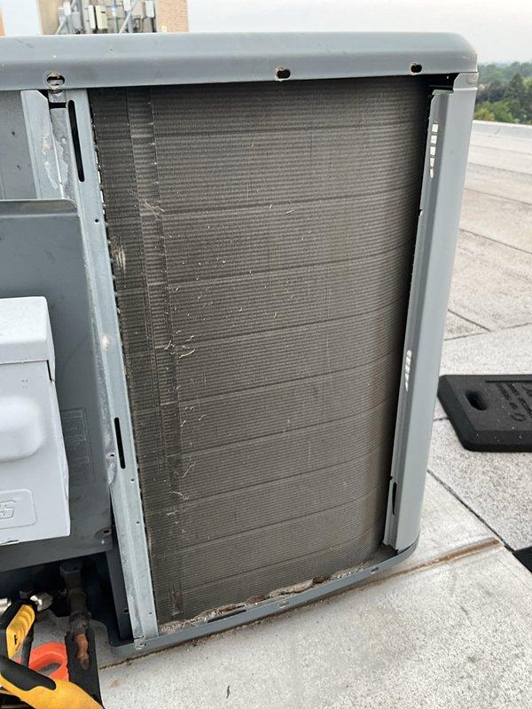 Completed comprehensive air conditioning tune-up on 10-year-old residential HVAC system. Performed full system inspection including condenser coil cleaning to remove accumulated dirt and debris, verified refrigerant charge, tested electrical components, and inspected humidifier unit with seasonal controls. All components found operating within normal parameters with system returned to optimal performance.