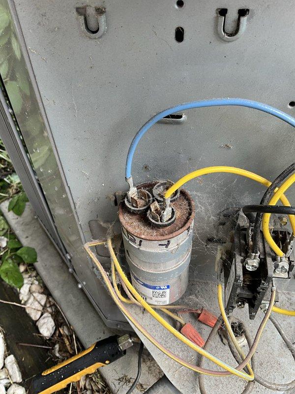 Completed comprehensive BFMA tune-up on 15-year-old air conditioning system, including full system inspection, performance testing, and preventive maintenance procedures. Inspected and documented condition of electrical components, noting significant rust and corrosion present on capacitor requiring monitoring for future replacement. Evaluated blower assembly and squirrel cage fan wheel operation, confirmed proper rotation and airflow through system, and verified all mechanical components functioning within normal parameters.