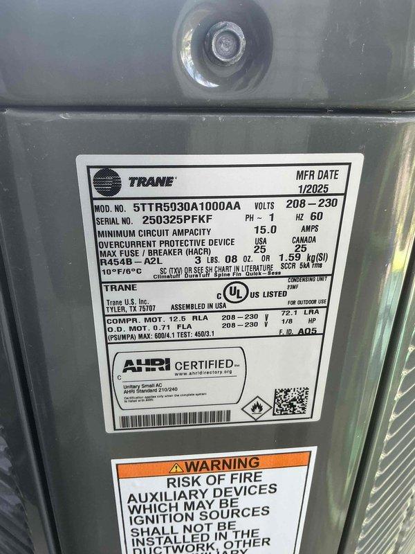 Completed comprehensive BFMA tune-up service on Trane 5TTR5030A1000AA air conditioning unit manufactured in January 2025. Performed standard maintenance procedures including system inspection, verified electrical connections and components, checked filter condition, and documented equipment specifications. Unit operating within normal parameters upon completion of service.
