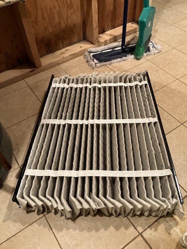 Completed comprehensive BFMA tune-up on 6-year-old residential air conditioning system. Replaced heavily soiled air filter that was significantly clogged with dust and debris, which was restricting airflow and reducing system efficiency. Performed standard AC maintenance procedures including inspection of air handler unit, verification of proper filter installation, and system operational check to ensure optimal performance.