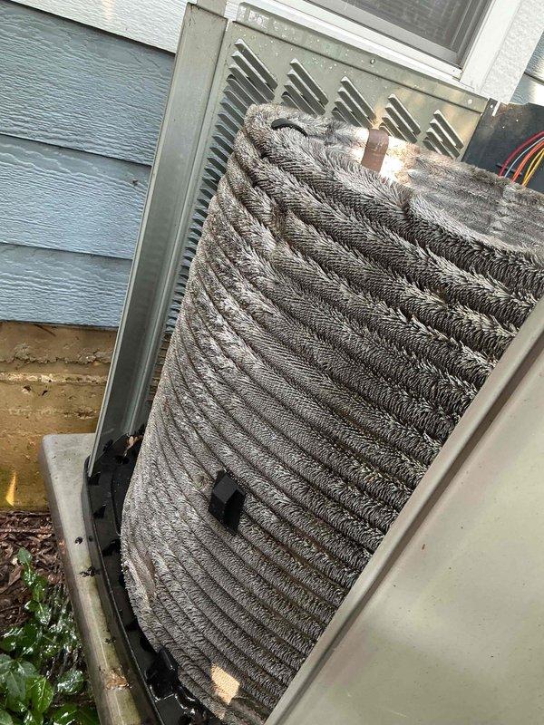 Completed comprehensive BFMA tune-up on 12-year-old outdoor condensing unit. Removed accumulated debris including leaves and organic matter from fan assembly and interior components. Thoroughly cleaned heavily soiled condenser coils which exhibited significant dust and dirt buildup that was restricting airflow and reducing system efficiency. Inspected all mechanical components, refrigerant lines, electrical connections, and fan motor operation to ensure proper system function.