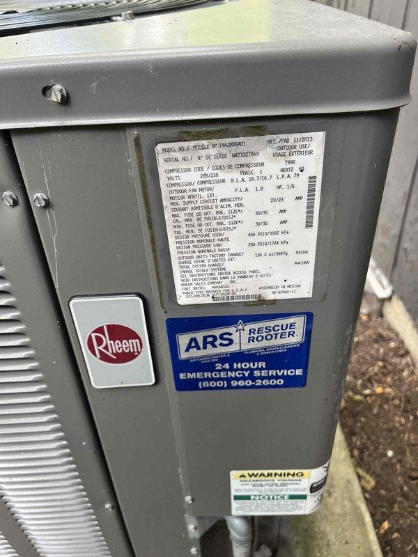 Completed comprehensive BFMA tune-up on 13-year-old Rheem air conditioning system. Performed full preventive maintenance protocol including inspection of all major components, cleaning of condenser coil which showed significant dirt and debris accumulation, checked refrigerant levels, tested electrical connections, verified proper airflow, and confirmed system operation within manufacturer specifications. Unit is now operating efficiently and ready for continued service.