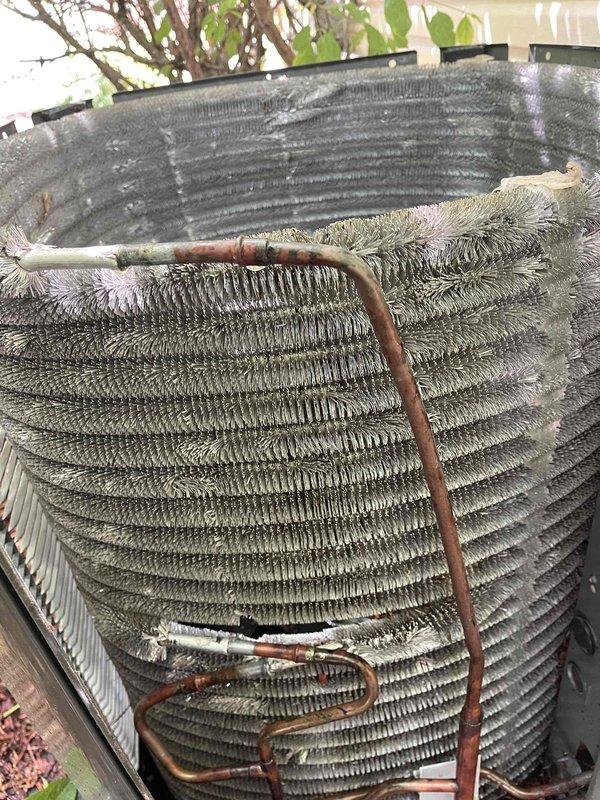 Performed comprehensive BFMA tune-up maintenance on three residential air conditioning systems. Conducted thorough inspection of outdoor condensing units, including evaluation of condenser coils which showed moderate dust and debris accumulation on metallic fins. Assessed refrigerant line connections and copper tubing condition, noting normal oxidation consistent with equipment age of 3+ years. Verified proper unit operation, checked electrical connections, and ensured adequate airflow through coil assemblies. All units operational and functioning within normal parameters upon completion of scheduled maintenance.