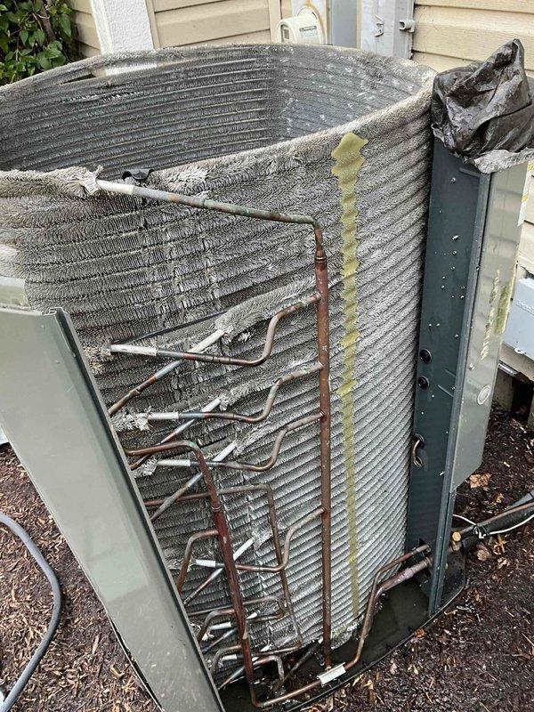 Completed comprehensive BFMA tune-up on a 9-year-old air conditioning system during early afternoon appointment. Performed thorough inspection of condenser unit, including examination of evaporator coil which showed significant accumulation of dust and debris on aluminum fins, and assessed refrigerant lines exhibiting oxidation on exposed copper sections. Documented equipment condition with detailed photographs of internal components, including blower motor assembly and heavily soiled condenser coil requiring attention for optimal system performance.