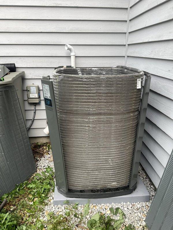 Completed comprehensive BFMA tune-up on residential heat pump system with cylindrical condenser unit. Performed full system inspection including coil cleaning, electrical connections verification, refrigerant level check, and condensate drain maintenance. All components operating within manufacturer specifications, and unit tested successfully under load conditions.