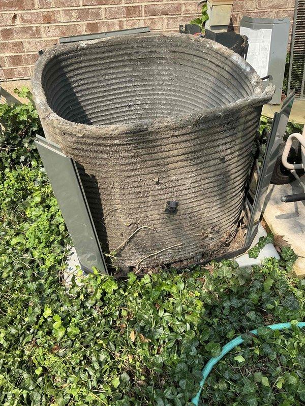 Completed comprehensive BFMA tune-up service on a 3+ year old outdoor air conditioning condenser unit with barrel-style horizontal coil configuration. Upon arrival, found significant dirt and debris accumulation on coil surfaces affecting heat transfer efficiency. Performed thorough system inspection, cleaned condenser coils, verified electrical connections at disconnect box, and tested unit operation to ensure proper cooling performance.