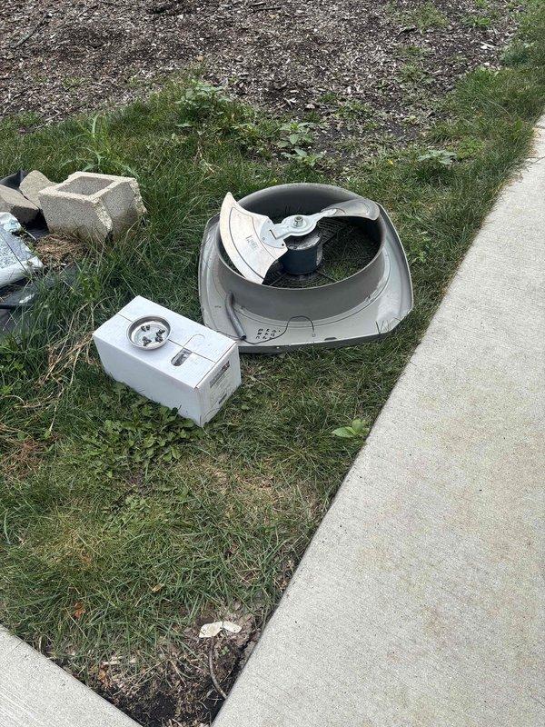 Completed comprehensive BFMA tune-up service including two air conditioning systems, water heater, and dehumidifier for equipment aged 10-15 years. Replaced failed condenser fan motor and blade assembly on one AC unit due to significant damage to internal components, removed damaged housing and control unit from property. Verified thermostat operation displaying 75°F current temperature with 76°F setpoint in cooling mode, confirmed proper system communication and temperature control functionality across all serviced equipment.