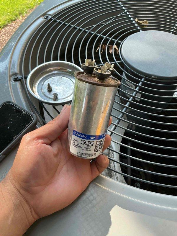 Responded to residential no cooling call with intermittent cooling operation. Upon inspection, diagnosed failing dual-run capacitor on outdoor condensing unit. Replaced defective capacitor and advised customer to power down system overnight to allow any potential ice buildup on evaporator coil to thaw completely. Verified indoor Lennox furnace and air handler components, confirmed proper ductwork connections and condensate drainage system functioning. System operational upon completion with normal cooling cycle restored.