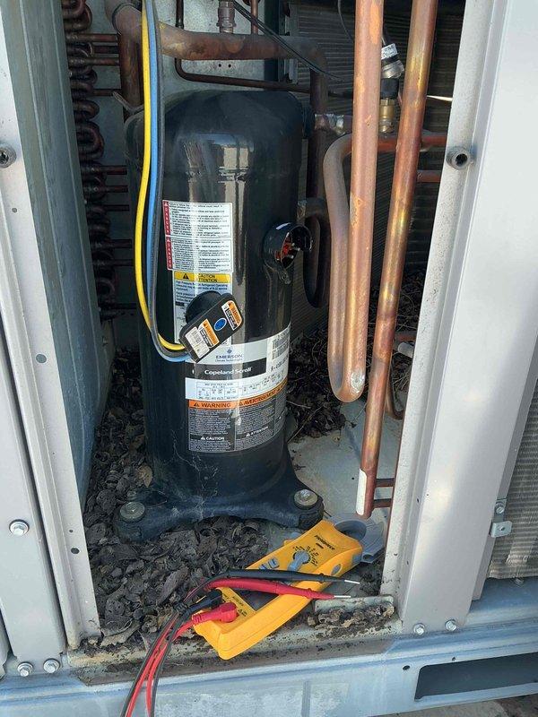 # Commercial HVAC No Cooling Service Call

Responded to commercial tenant facility reporting no cooling condition on rooftop packaged HVAC unit. Upon arrival, accessed unit and performed visual inspection of major components. Found significant accumulation of organic debris including leaves, twigs, and plant material around compressor and refrigerant lines, indicating lack of recent maintenance.

Conducted electrical diagnostics using digital multimeter to verify compressor operation and electrical supply. Inspected copper refrigerant lines showing weathering and oxidation consistent with 16-year-old equipment. Verified all electrical connections and wiring integrity. Checked compressor specifications and safety labels for proper operating parameters.

Documented equipment condition with photographs showing compressor compartment, refrigerant piping configuration, and debris accumulation affecting unit performance. Cleared organic debris from equipment platform and around copper lines 