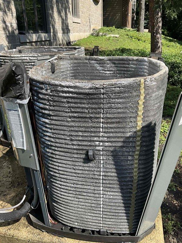 Completed semi-annual BFMA tune-up service that was previously interrupted due to insufficient hose length. Performed thorough inspection of outdoor condenser unit, which showed significant accumulation of dirt and debris on coil fins requiring cleaning. Inspected condenser fan motor assembly, mounting bracket, and electrical connections. Completed EAC filter cleaning as part of recurring maintenance protocol to ensure optimal system performance and efficiency.