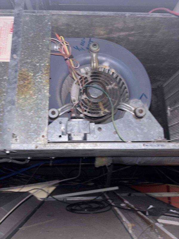 Responded to emergency service call following fire department visit due to overheating ductwork motor that reached 600 degrees and was seizing and smoking. Inspected blower motor assembly within ductwork system and confirmed motor failure with severe overheating damage. Removed failed motor unit, documented existing wiring configuration, and photographed blower wheel assembly and motor mounting brackets for replacement specifications.