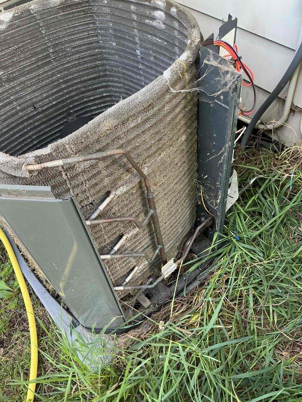 Completed comprehensive BFMA tune-up on 9+ year old air conditioning system that was previously experiencing cooling issues. Upon arrival, found outdoor condenser unit with heavily soiled coil fins exhibiting significant accumulation of dirt, dust, and debris that was restricting airflow and reducing system efficiency. Thoroughly cleaned condenser coils, inspected all electrical connections, verified proper refrigerant levels, and tested system operation to ensure restored cooling performance.