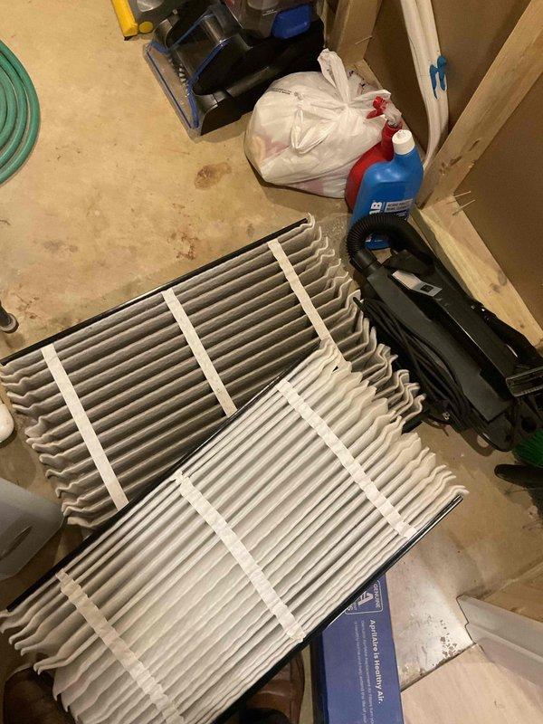 Completed comprehensive BFMA tune-up service on residential HVAC system with equipment age 6+ years. Replaced multiple dirty air filters that showed heavy dust accumulation and reduced airflow efficiency. Performed full inspection and maintenance on outdoor condenser unit, including cleaning of exterior coils and fins to remove debris buildup and restore proper heat transfer capacity.