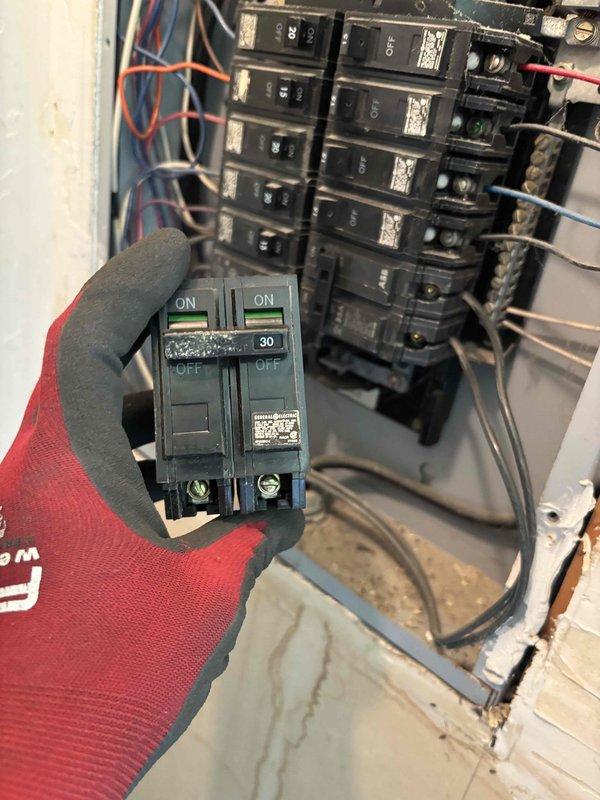 Responded to installation callback to correct electrical breaker oversight on recent Trane 16 SEER AC upgrade (model 5TTR6030 with ADP upflow/downflow coil). Removed existing 30A 2-pole breaker and installed proper 25A 2-pole breaker per manufacturer specifications, completing the installation to code requirements.