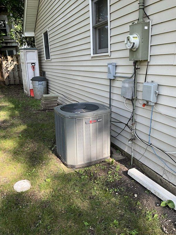 Responded to no cooling complaint on residential air conditioning system. Upon arrival, turned unit off and switched thermostat to fan-only mode to prevent further compressor operation. Inspected outdoor condenser unit and indoor air handler components. Customer was contacted 30 minutes prior to arrival as requested.