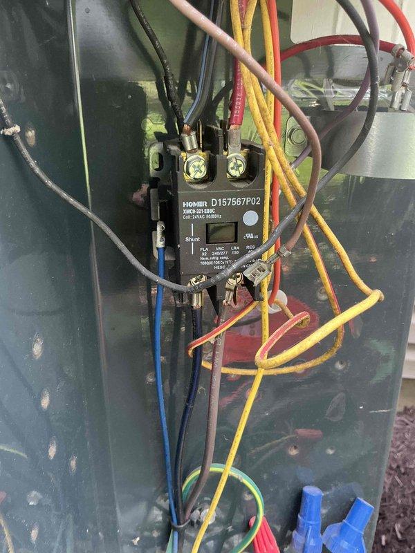 Replaced failed contactor and dual run capacitor (45/7.5 MFD) to restore proper operation of the outdoor condensing unit. Installed hard start kit to assist compressor startup and prevent future electrical component failure. All components tested and verified operating within manufacturer specifications upon completion.