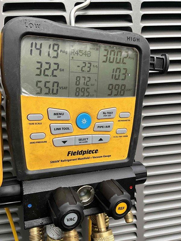 Completed full air conditioning system replacement, installing a Lennox ML13KC1-048 condenser unit and CK40CK-36C evaporator coil with 30A2P disconnect. System was properly evacuated, charged with R454B refrigerant, and tested to verify optimal performance. Final pressure and temperature readings confirmed system is operating within manufacturer specifications with proper superheat levels achieved.
