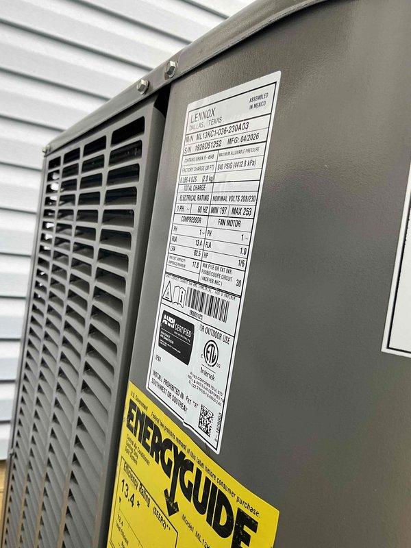 Completed full air conditioning system replacement, installing a Lennox ML13KC1-048 condenser unit and CK40CK-36C evaporator coil with 30A2P disconnect. System was properly evacuated, charged with R454B refrigerant, and tested to verify optimal performance. Final pressure and temperature readings confirmed system is operating within manufacturer specifications with proper superheat levels achieved.