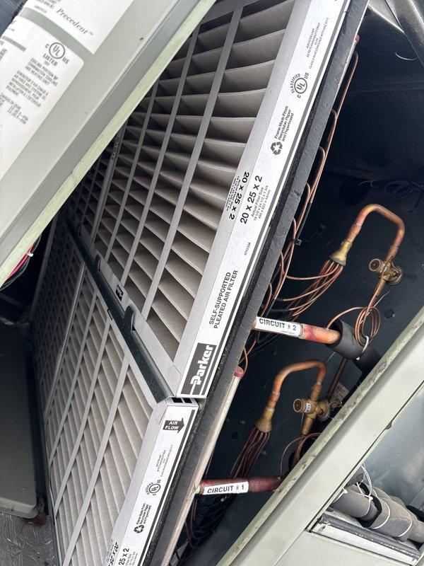 Performed scheduled BFMA preventative maintenance tune-up on three rooftop units of varying ages (3, 4, and 25 years old). Completed comprehensive inspection of all three RTUs including both refrigerant circuits on dual-circuit systems, verified electrical performance using diagnostic meters, and replaced air filters on all three units. All systems operational and running within manufacturer specifications upon completion.
