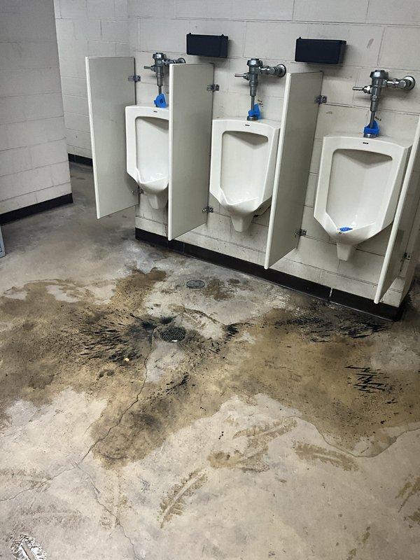 Responded to emergency call for sewer backup and water discharge in commercial restroom facility where toilets had been recently installed. Upon arrival, found extensive water pooling throughout men's restroom with standing water covering floor surfaces near urinals and floor drains. Investigated drainage system to identify cause of backup in newly installed toilet area. Assessed floor drain functionality and cleared obstruction causing water to spew from drain line. Verified proper drainage flow restored to affected fixtures and floor drains. Placed caution signage to alert facility occupants of wet floor conditions during cleanup.