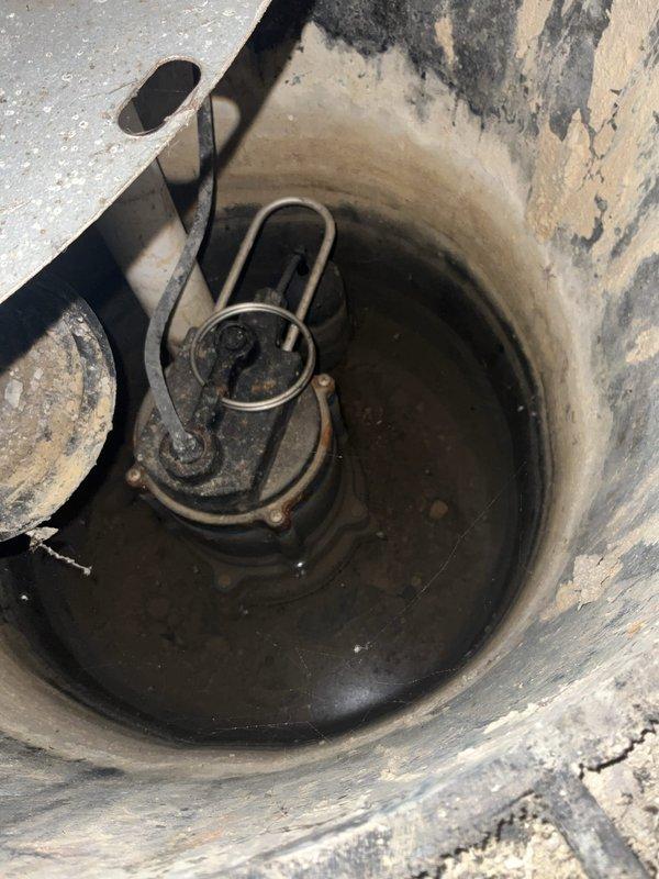 Performed complimentary sump pump inspection in basement utility area. Examined PVC discharge piping assembly running from floor to ceiling, verified proper installation of pipe connections and supports, and assessed pump electrical connections. Inspected sump basin and pump unit, noting operational pump mechanism with standard metal housing and discharge piping configuration. Water level in pit was within normal operating range, and basin walls showed typical aging and mineral deposits consistent with regular use. System components appeared functional with no immediate concerns identified during visual inspection.