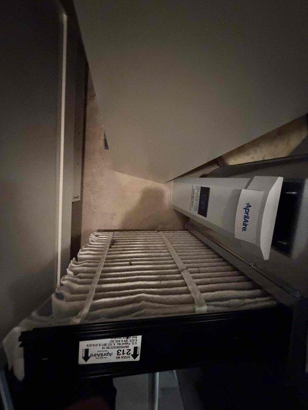 Completed comprehensive BFMA tune-up service on two air conditioning systems aged 9 and 21 years. Performed standard maintenance procedures including inspection of evaporator coils, verification of refrigerant levels, electrical component testing, and system performance evaluation. Inspected and documented condition of air filtration system, noting dust accumulation on pleated filter and AprilAire air quality monitoring device operation.