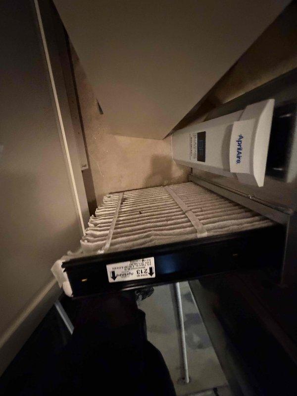Completed comprehensive BFMA tune-up service on two air conditioning systems aged 9 and 21 years. Performed standard maintenance procedures including inspection of evaporator coils, verification of refrigerant levels, electrical component testing, and system performance evaluation. Inspected and documented condition of air filtration system, noting dust accumulation on pleated filter and AprilAire air quality monitoring device operation.