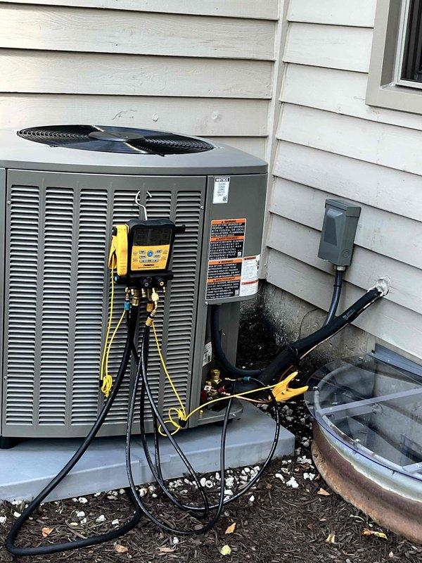 Completed full HVAC system installation including SL280 2-stage variable speed 90,000 BTU furnace model 36bk, EL15 15 SEER air conditioning unit rated at 3 tons with matching CK40CT-36B evaporator coil, EcoBee smart thermostat, and AA210 air cleaner. Installed 30A 2-pole Siemens breaker for electrical service and mounted outdoor condenser unit on concrete pad against house exterior with proper refrigerant line connections. System was pressure tested, evacuated, charged to manufacturer specifications, and cycled through all operational modes to verify proper function of 2-stage heating and cooling capabilities with variable speed blower operation.