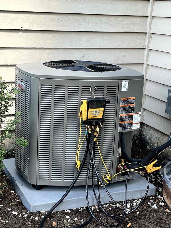Completed full HVAC system installation including SL280 2-stage variable speed 90,000 BTU furnace model 36bk, EL15 15 SEER air conditioning unit rated at 3 tons with matching CK40CT-36B evaporator coil, EcoBee smart thermostat, and AA210 air cleaner. Installed 30A 2-pole Siemens breaker for electrical service and mounted outdoor condenser unit on concrete pad against house exterior with proper refrigerant line connections. System was pressure tested, evacuated, charged to manufacturer specifications, and cycled through all operational modes to verify proper function of 2-stage heating and cooling capabilities with variable speed blower operation.