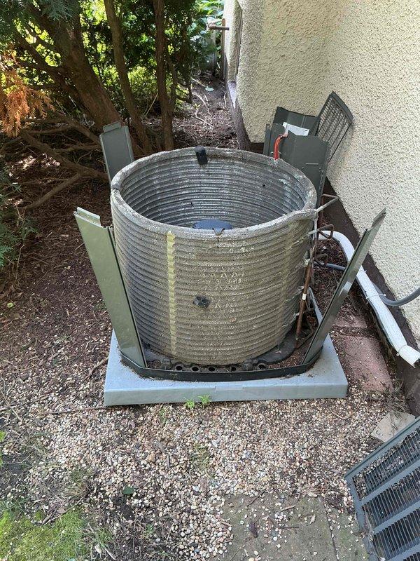 Completed comprehensive BFMA tune-up service on residential air conditioning system. Performed thorough inspection of outdoor condenser unit, which showed signs of dirt accumulation and debris on coil fins requiring cleaning. Verified thermostat operation and system settings, confirming proper temperature control and communication between components. Inspected electrical disconnect, refrigerant lines, and all accessible system components to ensure safe and efficient operation for continued cooling performance.
