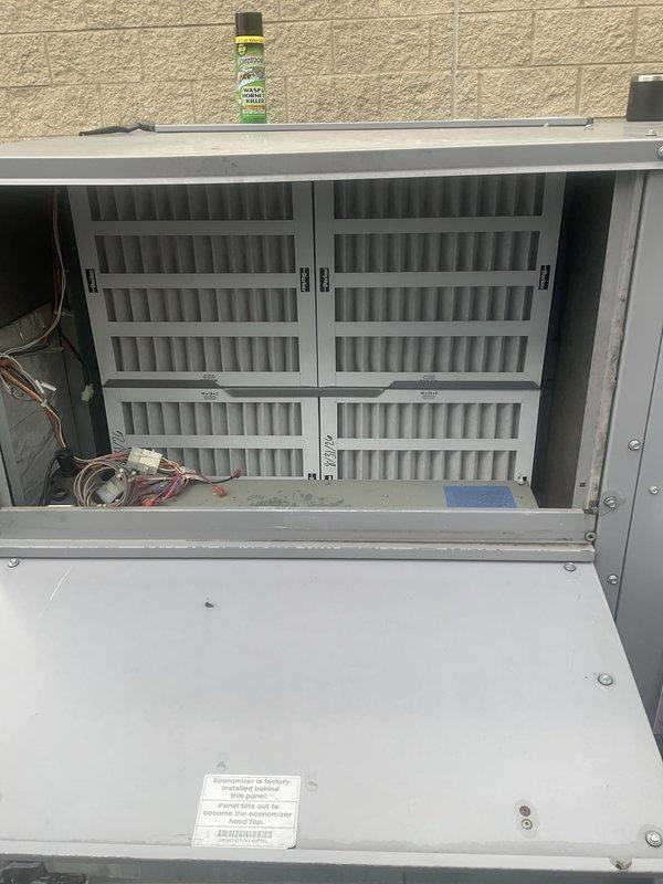 Completed scheduled BFMA preventive maintenance on three rooftop units at commercial facility, each approximately 5 years old. Performed comprehensive tune-up procedures on all three RTUs including inspection of electrical components, refrigerant lines, and operational controls. Replaced all filters on each unit with new filters in 2x2 grid configuration. Verified proper airflow, checked all safety controls, and confirmed units operating within manufacturer specifications. All equipment tested and returned to normal operation with no issues identified.