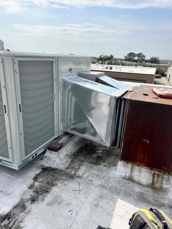 Completed commercial HVAC installation by finishing sheet metal ductwork transitions and connections on rooftop unit, running gas piping to equipment, and performing initial startup and commissioning of the system. All electrical connections verified at panel and unit tested for proper operation under warranty parameters.