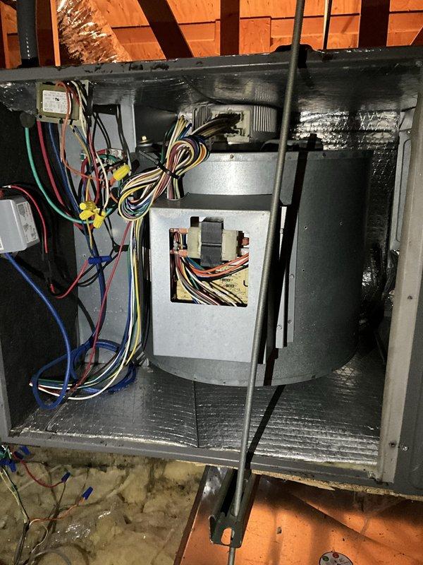 Responded to no cooling call and found thermostat set to fan-only mode rather than cooling mode. Corrected thermostat settings to restore proper cooling operation and replaced air filter per client request. Verified air handler unit in attic was functioning properly with all electrical connections secure and blower motor operating as designed.
