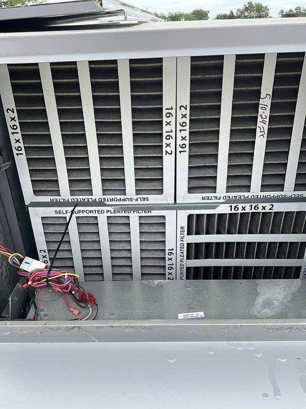 Completed commercial BFMA preventive maintenance tune-up on two rooftop units and two hanging units. Performed comprehensive system inspections, replaced air filters on both RTU systems with 16x16x2 and 16x10x2 pleated filters, and conducted furnace service procedures per maintenance schedule. All equipment found operating within normal parameters with no deficiencies noted.