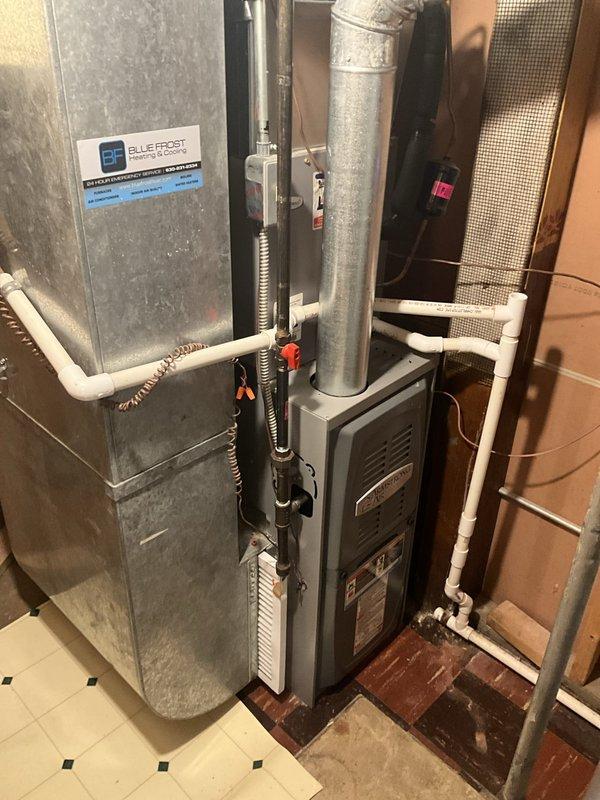 Completed comprehensive BFMA tune-up service including full furnace inspection and humidifier maintenance on residential HVAC system. Performed standard seasonal maintenance procedures, verified all safety controls, inspected heat exchanger, tested ignition system, checked gas pressure and combustion efficiency, cleaned burner assembly, and evaluated air handler operation. Inspected and serviced whole-home humidifier unit, verified water supply connections, checked drainage system functionality, and confirmed proper integration with heating system. All equipment found operating within manufacturer specifications with no immediate repairs required.