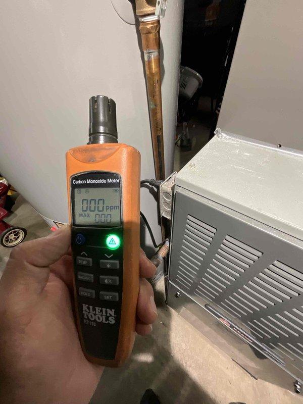 Completed comprehensive BFMA tune-up on residential furnace system, age 6+ years. Performed standard maintenance protocol including combustion analysis with carbon monoxide testing, confirming safe operation at 0.0 ppm with no detectable CO present. Inspected Bradford White water heater model RG250T6N (40,000 BTU/H natural gas) during system evaluation, verified proper labeling and safety information posted on equipment.