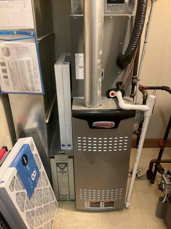 Completed comprehensive furnace tune-up on 2-year-old Lennox residential heating system. Performed standard maintenance protocol including inspection of heat exchanger, burner assembly, and ignition system; verified proper operation of all safety controls and limit switches; cleaned blower assembly and checked motor amperage; inspected and tested condensate drain system and PVC venting; measured temperature rise and confirmed within manufacturer specifications; replaced air filter and documented system operation with photographic records.