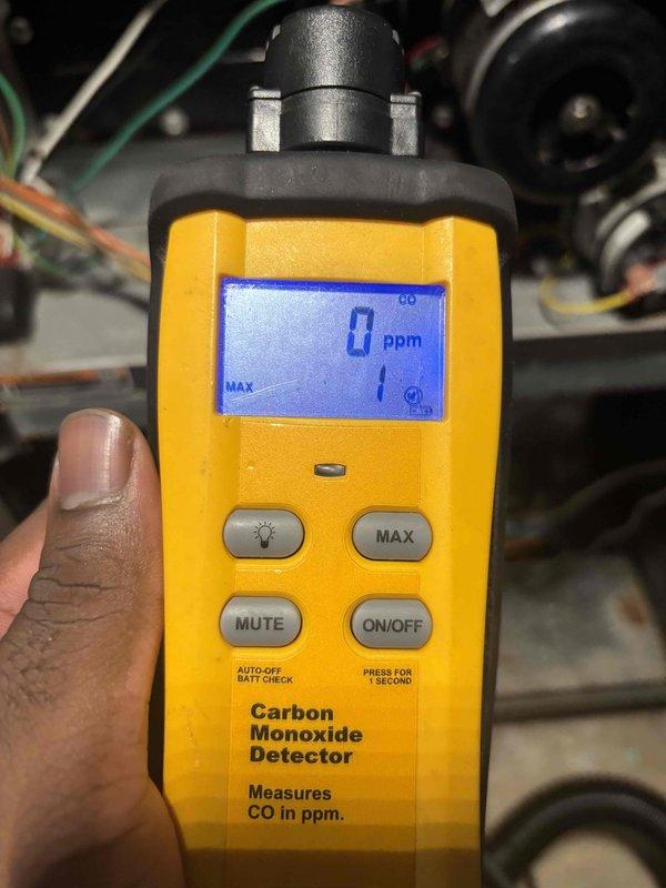 Performed routine maintenance on a 12-year-old furnace system with no reported operational issues. Conducted comprehensive tune-up including filter replacement and full system inspection. Verified safe carbon monoxide levels at 0 ppm using handheld CO detector throughout equipment cabinet and burner compartment. Measured and documented supply air temperature at 109.1°F using calibrated digital multimeter with temperature probe. Inspected all electrical connections, gas lines, and mechanical components for proper operation and safety compliance. System operating within normal parameters with no deficiencies noted.