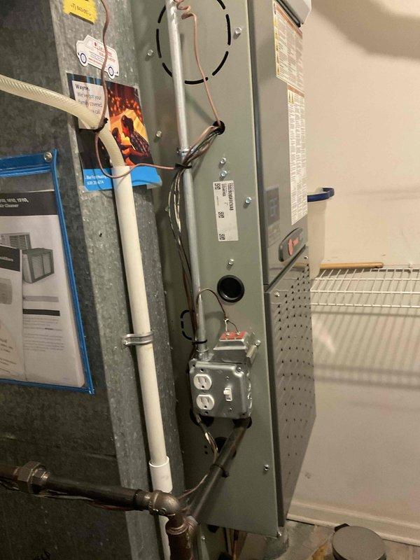 Completed comprehensive BFMA tune-up service including furnace maintenance, air handler inspection, and filter replacement on 4-year-old HVAC system. Performed standard diagnostic checks, verified electrical connections and safety controls, and replaced refrigerant line insulation at outdoor condensing unit where copper piping had deteriorated insulation. Additionally serviced humidifier system as part of recurring maintenance protocol, ensuring all components operating within manufacturer specifications.