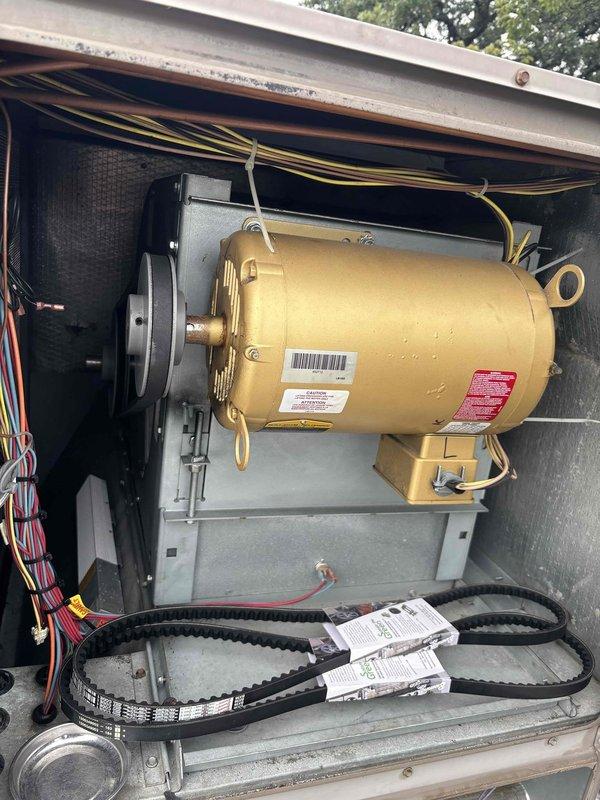 Completed comprehensive BFMA preventive maintenance on four 3-year-old rooftop units, including full tune-up procedures, filter replacements, and belt changes on all units. Inspected condenser coils showing moderate dirt and debris accumulation, noted for future cleaning consideration. All blower motors, electrical connections, and drive belts were inspected and replaced as scheduled, with all units tested and confirmed operational upon completion.