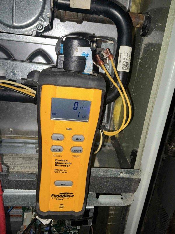 Completed comprehensive BFMA furnace tune-up on 6-year-old heating system, arriving after 4 PM per customer request. Performed full system inspection, combustion analysis showing 0 ppm carbon monoxide at time of testing, and verified safe operation of all heating components. Noted existing corrosion on copper water piping connections and recommended monitoring for potential future maintenance needs.
