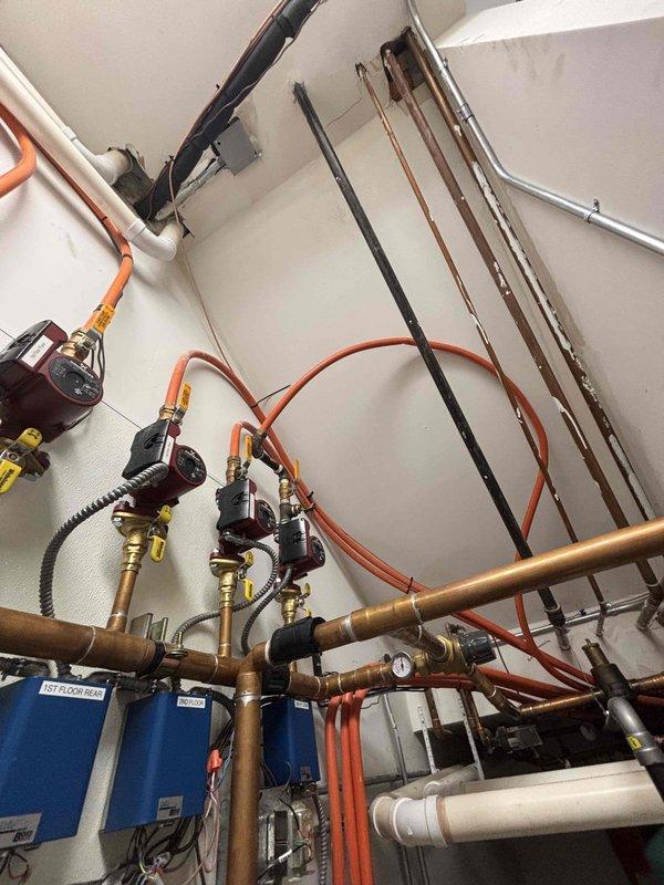 Replaced copper supply line for humidifier system in mechanical room. Removed existing deteriorated copper piping and installed new copper line with proper fittings and connections to restore water supply to the humidifier unit. Parts were staged at headquarters prior to service call. All connections were secured, tested for leaks, and system was restored to proper operating condition.