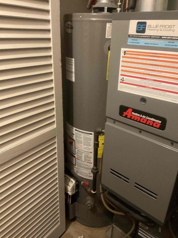 Completed comprehensive BFMA tune-up on residential BlueFrost furnace system in utility closet installation. Performed full inspection and maintenance protocol on 10+ year old heating unit, including filter evaluation, safety control testing, and operational verification. Inspected air filter condition, confirmed proper airflow through pleated media, and verified all system components functioning within normal parameters with equipment in good operating condition.